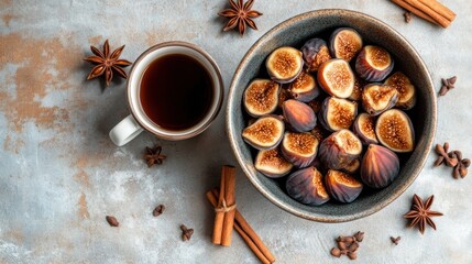 Aufkleber - Figs, coffee, cinnamon sticks, and star anise on a mottled surface.