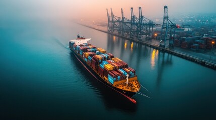 Poster - Cargo ship sailing through foggy harbor at dusk.
