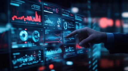 Fototapete - Hand interacts with multiple data graphs on digital screen.