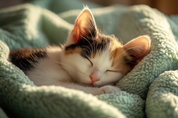 Poster - Calico kitten sleeping peacefully on soft blanket.