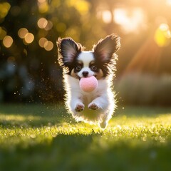 Poster - Adorable puppy jumps on grass with a pink ball.