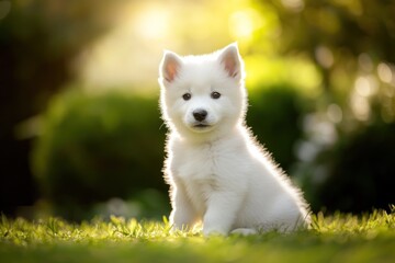 Poster - White puppy sitting on green grass at sunset.