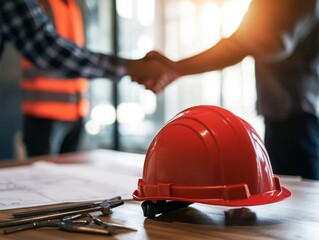 Poster - Construction workers handshake with hardhat and blueprints on table.