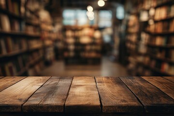 Poster - Wooden table with blurred bookstore background.