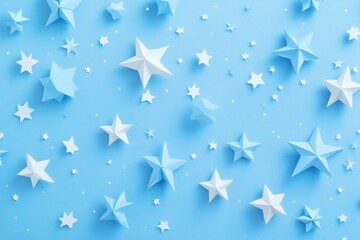 Poster - Star-shaped white and blue paper craft on a light blue background.
