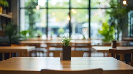 Poster - Interior view of a restaurant with tables and plants.