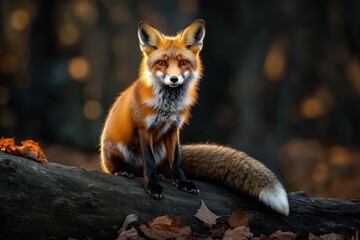 Poster - Fox sits on log in forest, autumn leaves beneath.
