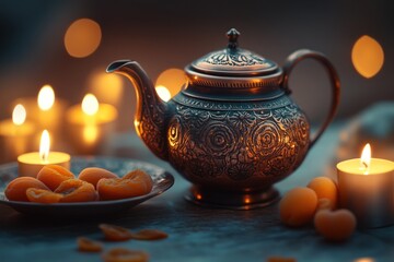 Poster - Teapot, apricots and candles.