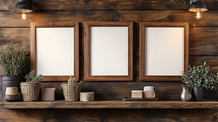 Mockup of three empty picture frames on a wooden shelf, surrounded by decorative items, ideal for art and poster presentations.