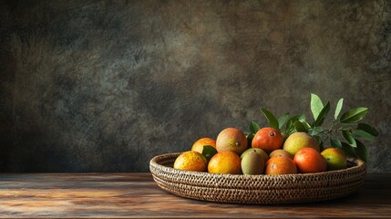 Canvas Print - Ripe mangoes and oranges in a wicker basket on a wooden table against a dark background.