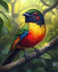 blur background, vibrant hummingbird, vibrant rainbow bird perched on branch lush forest wildlife ph