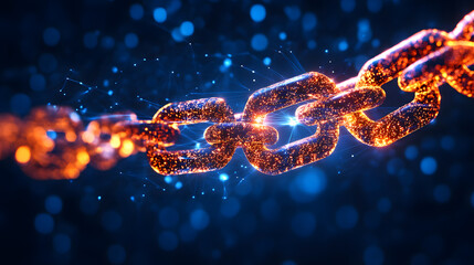 Leinwandbilder - A glowing chain link against a dark blue backdrop, illuminated by sparkles, symbolizes strength and connectivity in a digital context
