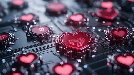 Poster - The image features a close-up view of circuit-like designs interspersed with glowing red hearts, symbolizing the fusion of technology and emotion