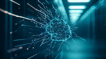 Poster - A dynamic digital visualization of a blue energy burst, set against a futuristic corridor, evoking themes of technology and innovation