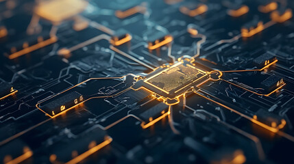 Poster - A close-up view of a futuristic circuit board, featuring intricate paths illuminated by glowing orange light against a dark background