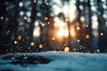 Poster - Captivating sunlight glistens on droplets during a tranquil winter evening in a forest
