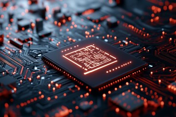 Poster - Cutting edge microchip technology on a circuit board showcasing intricate designs and glowing elements