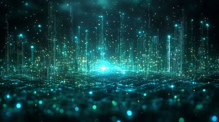 Poster - futuristic cityscape with blockchain network overlay glowing digital connections and decentralized s