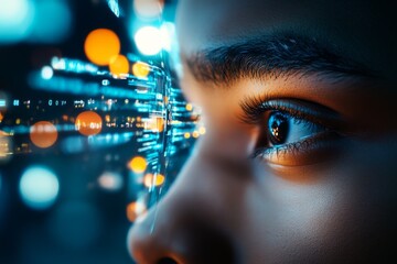 Poster - Exploration of digital technology through the lens of a focused human eye illuminated by vibrant lights