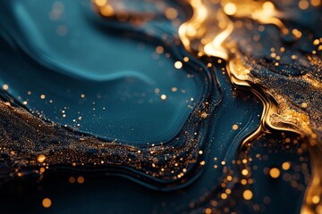 Poster - Swirling abstract patterns of gold and blue create intricate designs resembling flowing liquid art