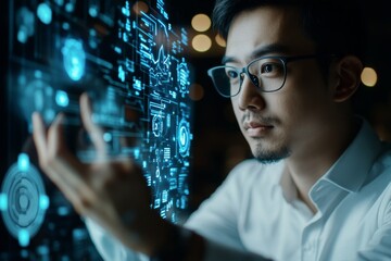 Poster - Professional analyzing digital data with futuristic interface in modern workspace during evening hours