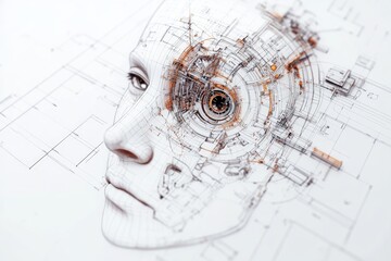 Poster - Human-like face merging with digital circuits, representing advanced technology and artificial intelligence concepts