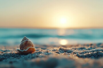 Poster - Beautiful seashell resting on sand at sunset near the ocean's edge with gentle waves lapping in the background