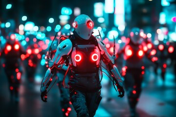 Poster - Robotic figures patrol a neon-lit city street showcasing advanced technology and urban life at night