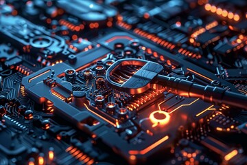 Poster - Metallic key unlocking a digital circuit board with glowing orange lights, symbolizing cybersecurity and data encryption