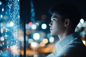 Poster - Young man observing digital data projections in a cityscape at night, immersed in technology and innovation
