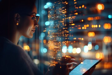 Poster - Woman using tablet by a glass window with urban skyline at night showcasing digital data visualization