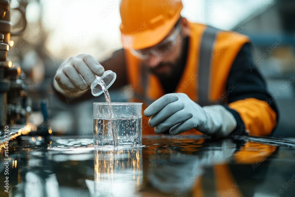 Worker conducting water quality testing at industrial facility during ...