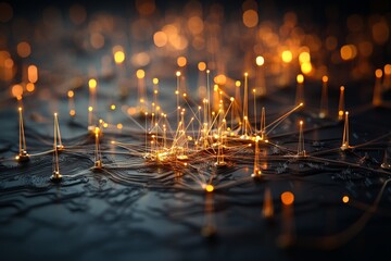 Poster - Intricate network of glowing connections depicted on a dark background with vibrant light points