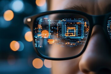Poster - Reflection of digital circuitry in glasses of a person enhancing the fusion of technology and perception
