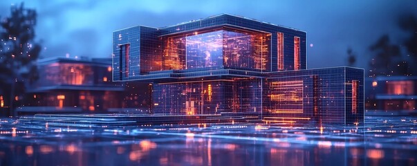 Poster - futuristic holographic display of smart blockchain based real estate contracts and property security