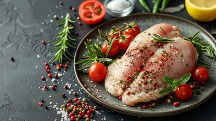 Wall Mural - Raw chicken breasts seasoned with herbs and spices, ready for cooking.