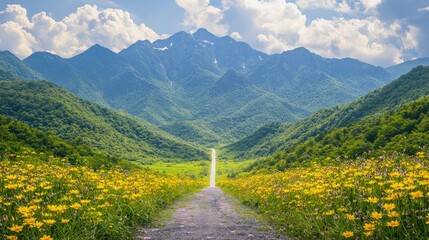 Sticker - Scenic mountain road lined with yellow wildflowers.