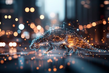 Poster - Digital dinosaur walks through a cityscape illuminated with vibrant lights at night