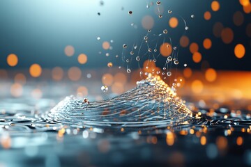 Poster - Water droplets create mesmerizing ripples and reflections in a serene setting with warm bokeh lights