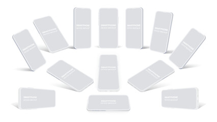 Poster - Realistic Smartphone and Clay Phone Mockup Collection - White Mobile Devices in Front, Side, Top, Bottom, and Perspective Views with Blank Screens. Vector