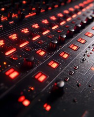 Poster - Close-up of a sound mixing console with illuminated buttons and knobs. (2)