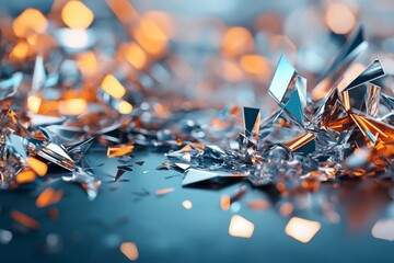 Poster - Shimmering shards of glass scattered on a vibrant surface illuminated by warm light
