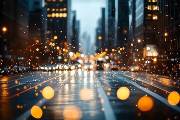 Wall Mural - Busy urban street reflects the glow of lights on a rainy evening in a vibrant city center