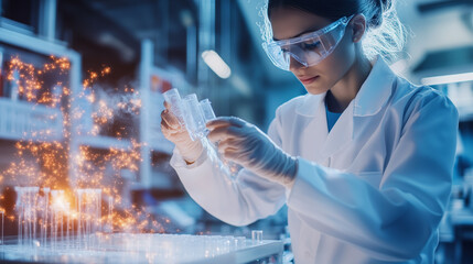 Poster - scientist conducts experiment with test tubes in a modern laboratory during the evening