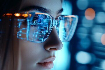Poster - Young woman wearing smart glasses displays digital information with a futuristic background in a technology setting