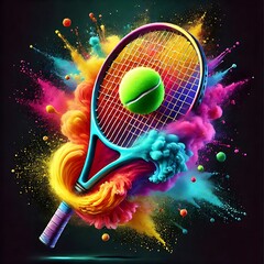 Wall Mural - Closeup of a tennis racket hits a ball with a whirlwind and splash of colorful powder on dark background, captured in high-speed photography, sports concept, advertisement photography