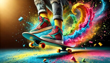 Wall Mural - Closeup of legs in colorful socks and sneakers standing on skateboard with a whirlwind and splash of colorful powder, captured in high-speed photography, sports concept, advertisement photography