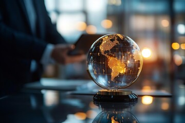 Poster - Illuminated globe on a desk highlights the Americas in a modern office during evening hours
