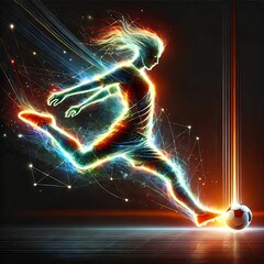 Wall Mural - Abstract sports scene with digital art of a football player holding a ball in action with glow effect shadow light on dark background, sports concept	