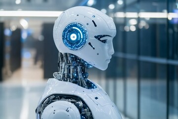 Poster - Advanced humanoid robot showcasing futuristic design and technology in a modern urban environment during daylight